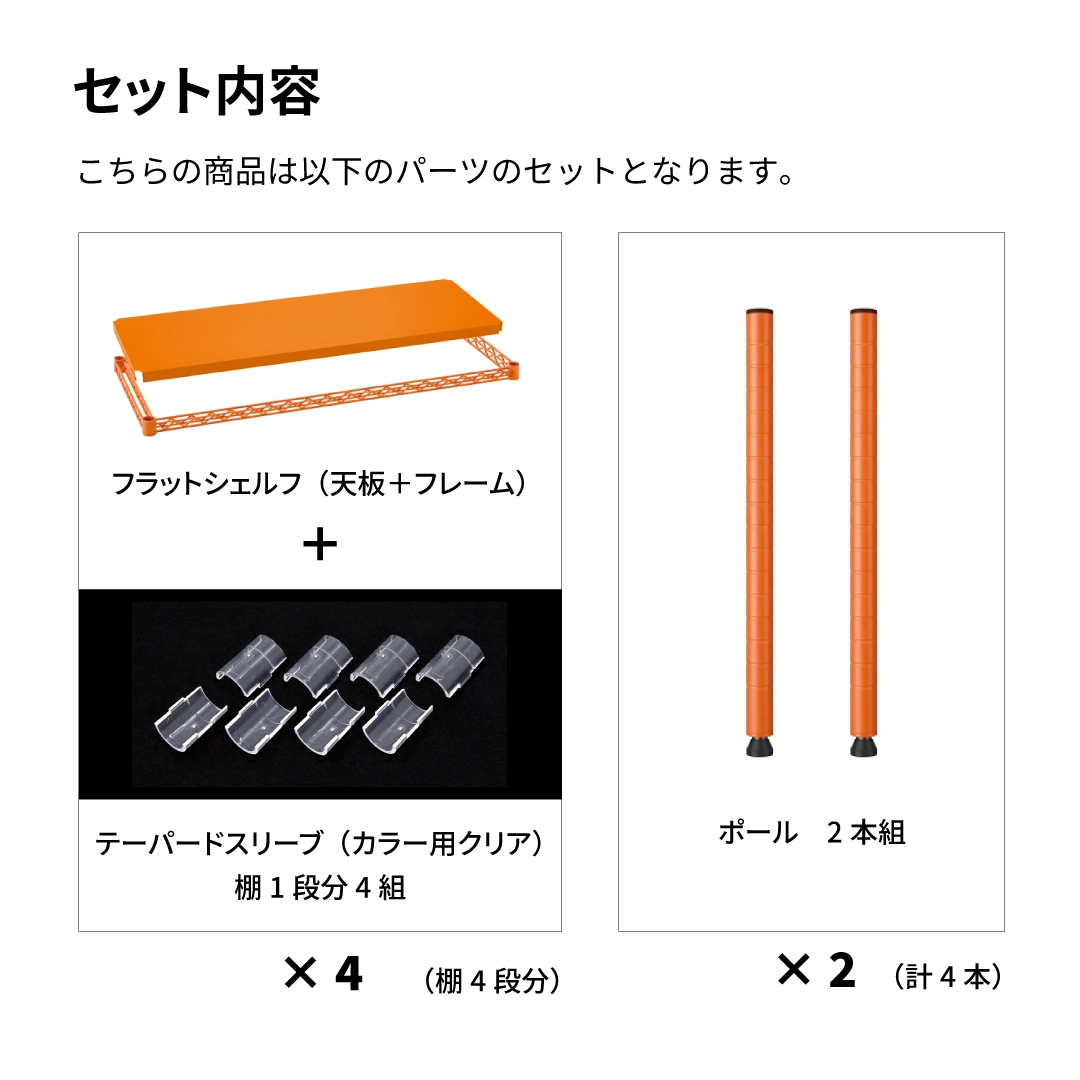 ベーシックシリーズ フラットシェルフ W900×D450×H1600mm オレンジ 4段【お客様組立品】（数量限定品）