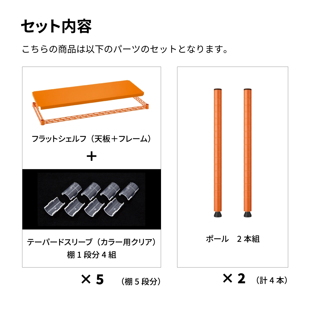 ベーシックシリーズ フラットシェルフ W1200×D450×H1900mm オレンジ 5段【お客様組立品】（数量限定品）