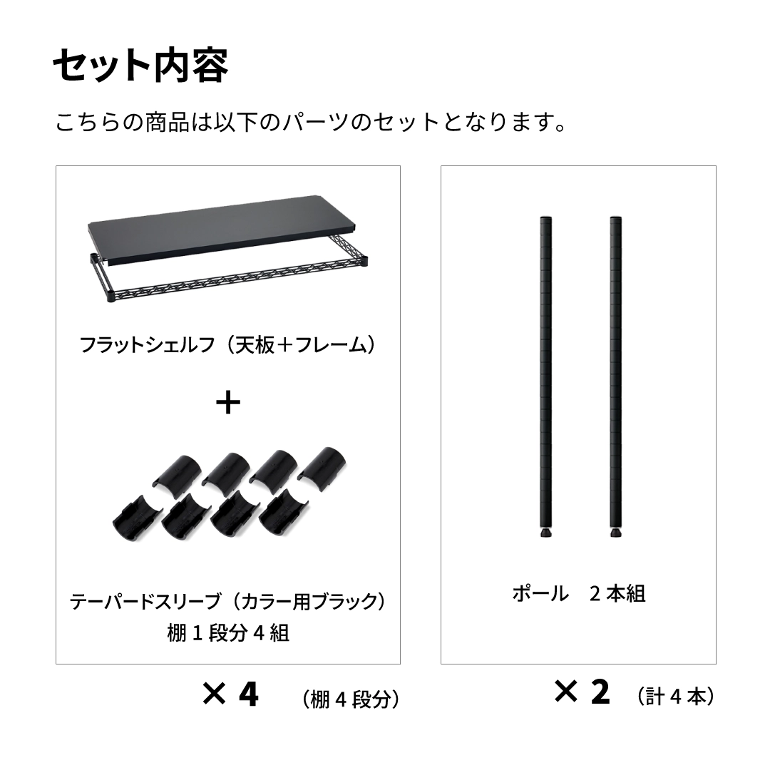 ベーシックシリーズ フラットシェルフ W900×D450×H1600mm ブラック 4段【お客様組立品】