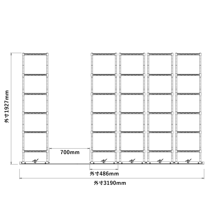 移動ストレージユニット W900×D450×H1900（6段）クローム【5台セット／全長3,250mm】 （お客様組立品）